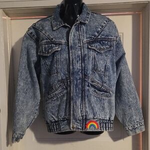 Vintage Acid Wash Denim Jacket with Rainbow Patch